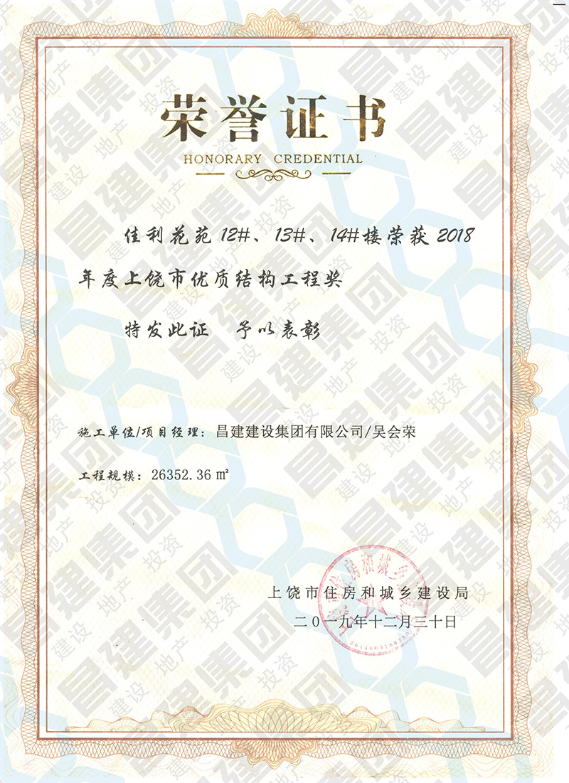 喜讯！昌建集团佳利花(huā)苑12#、13#、14#楼获评“2018年度上饶市优质结构工程奖”